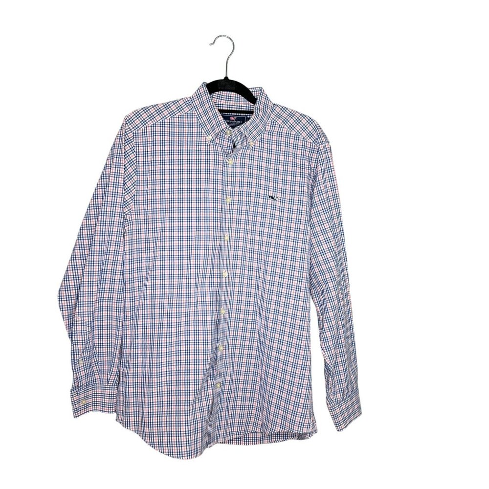Vineyard Vines Slim Fit Whale‎ Shirt Mens Size M Pink Blue Plaid Grid Collared